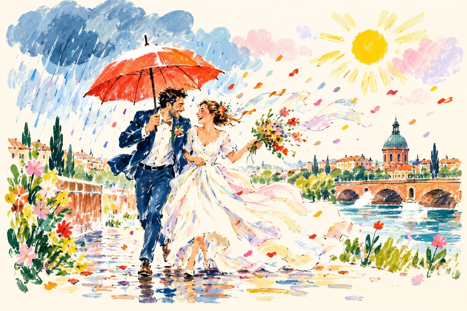 Illustration éditoriale d’un mariage à Toulouse sous la pluie et le soleil